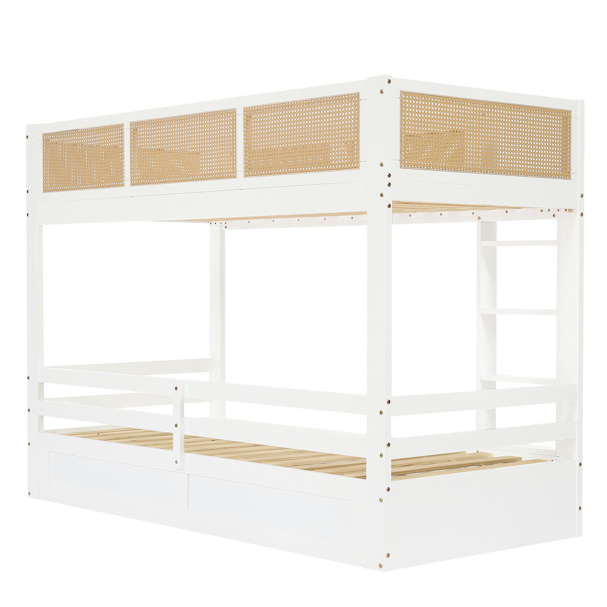 ETAGENBETT 90/200 cm DE-02325, in Weiß/Natur, mit Rattanzaun, 3 Schubladen und Sicherheitsgittern - Weiß, Holz/Holzwerkstoff (90/200cm) - ComfortXL