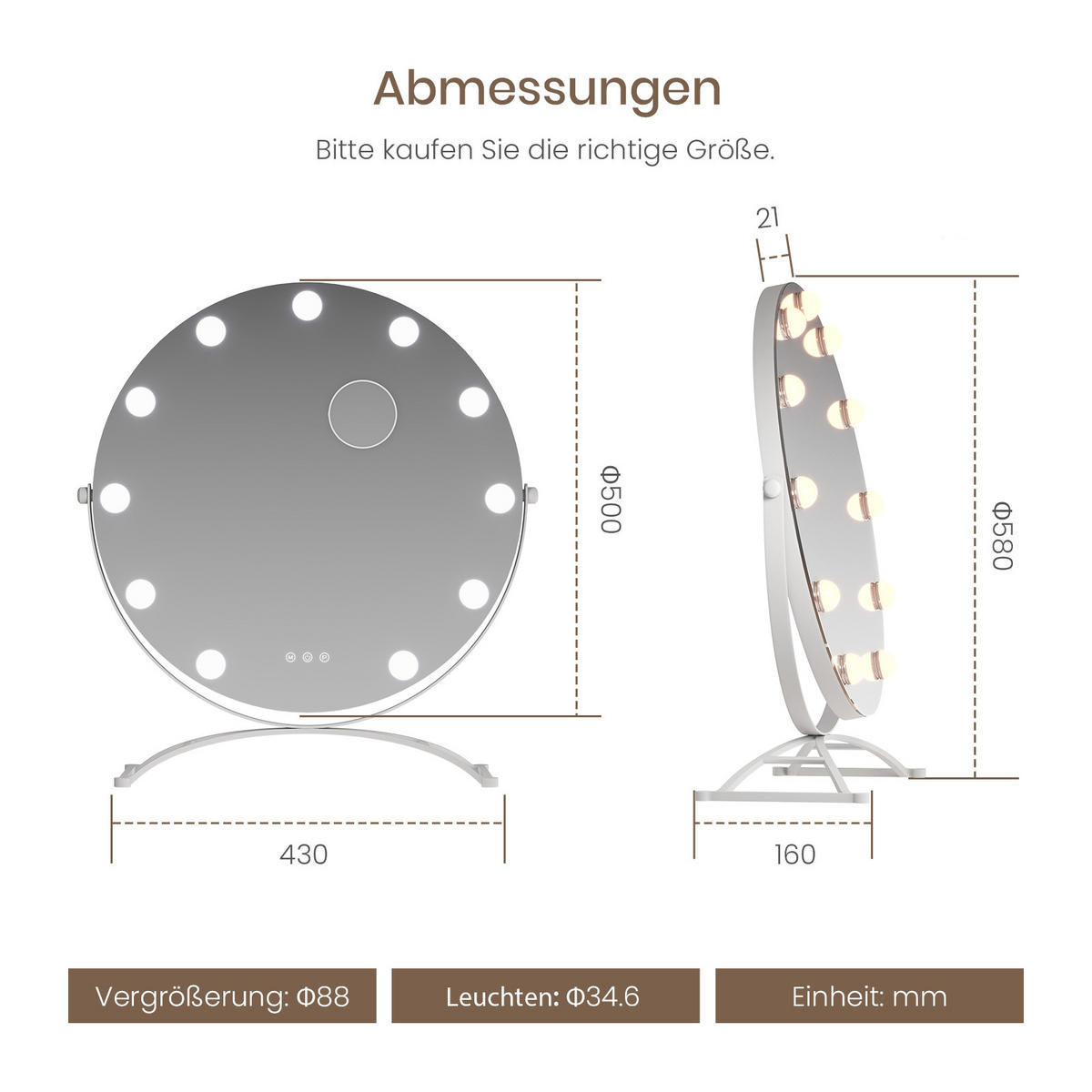 SCHMINKSPIEGEL Runder mit Beleuchtung, Weiß, ф50 cm - Weiß, Glas (50/6/50cm) - EMKE