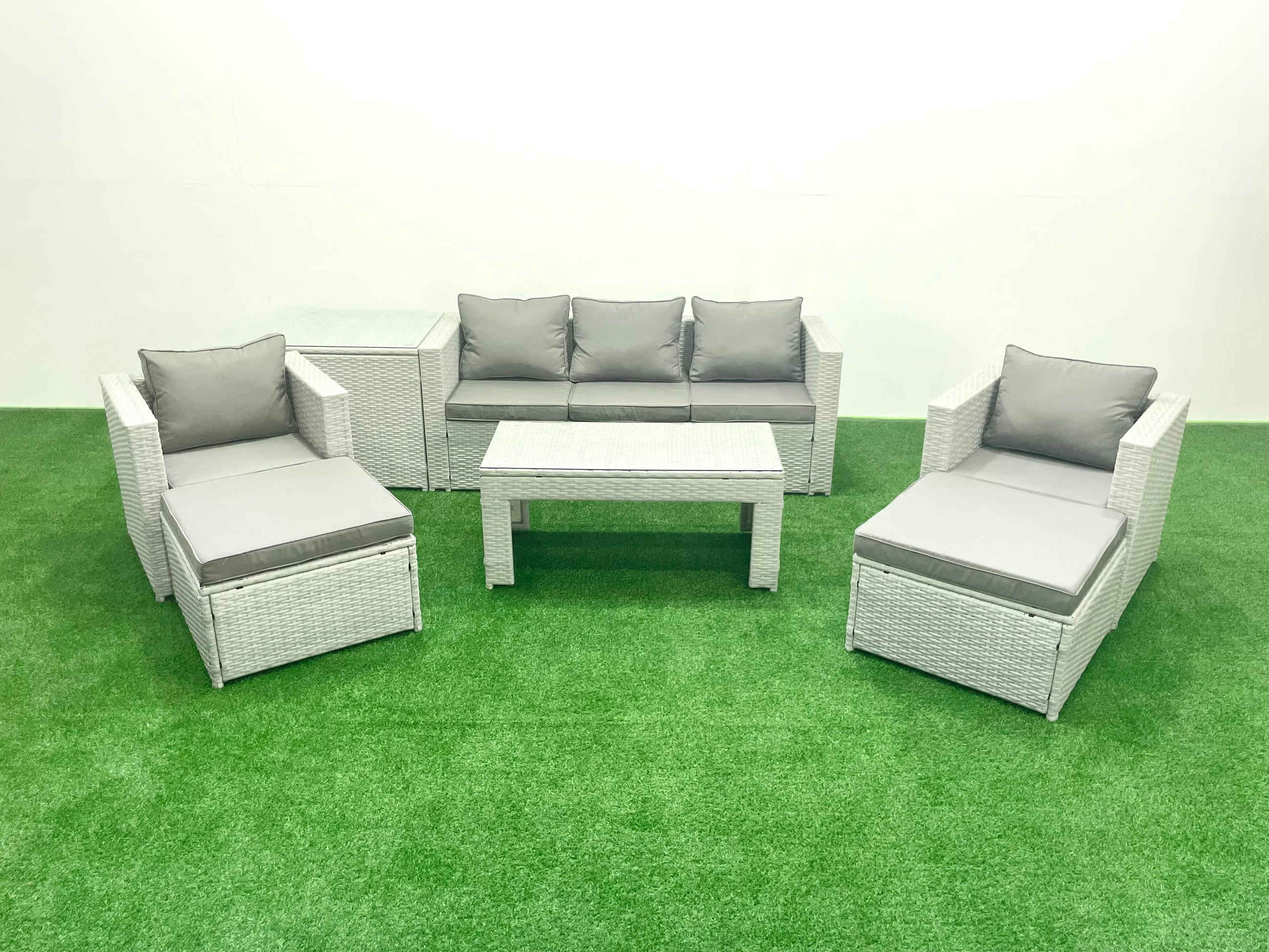 GARTENSET mit 3-SITZER SOFA,COUCHTISCH Polyrattan Hellgrau-Mix 7-Sitzer - Hellgrau/Grau, Glas/Kunststoff - Fimous