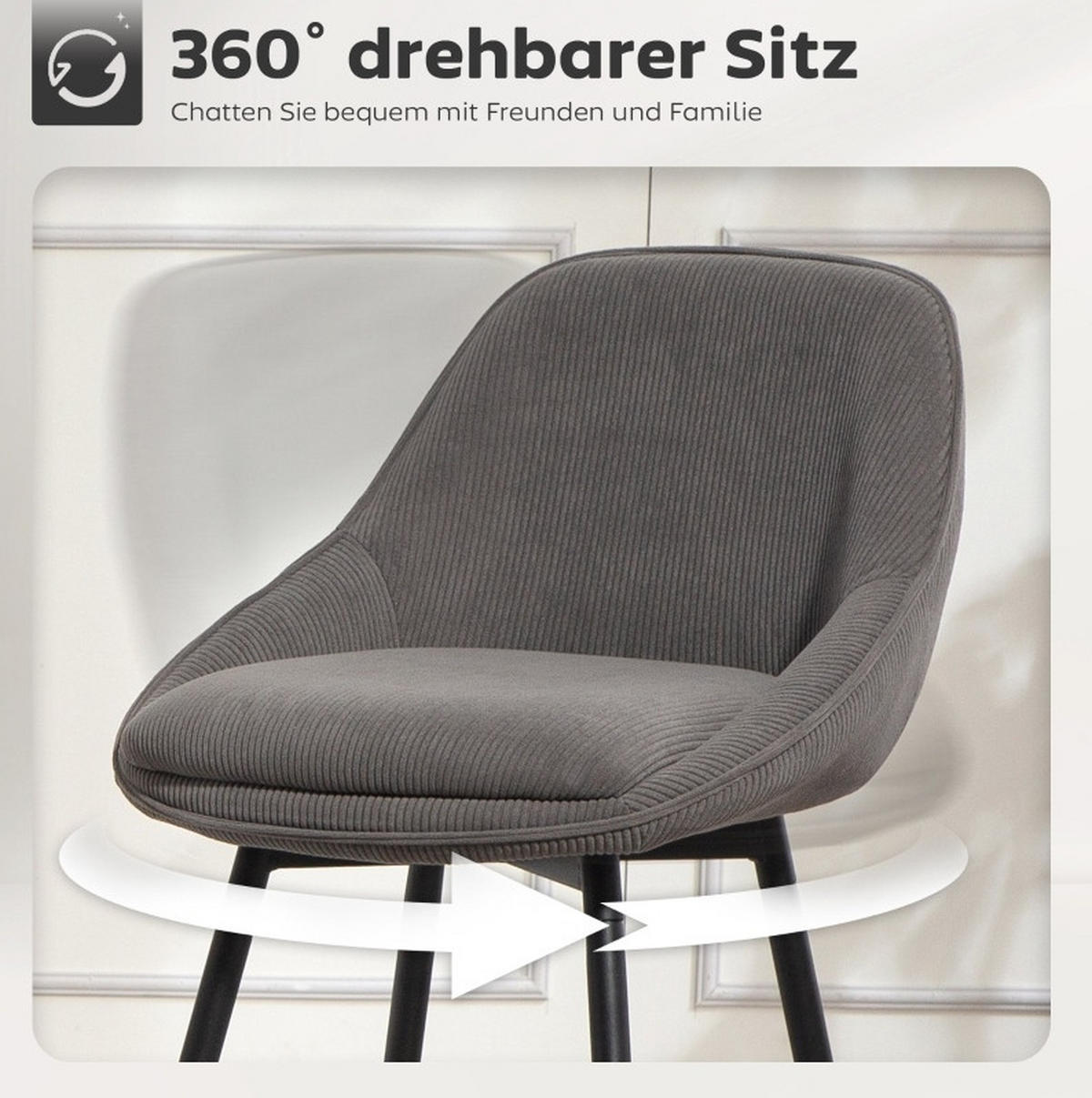 BARSTÜHLE 2er-Set mit drehbarem Sitz, Armlehnen und Cordbezug, Grau - Grau, Textil (49/88/52cm) - MIVRAY