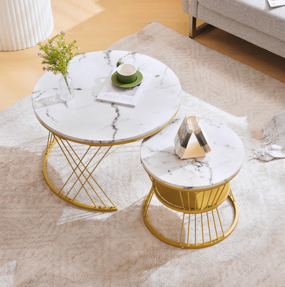 COUCHTISCH 70/45 cm Weiß aus MDF mit Marmormuster und Nesting-Design - Weiß, Holzwerkstoff (70/70/45cm) - OKMYHOME