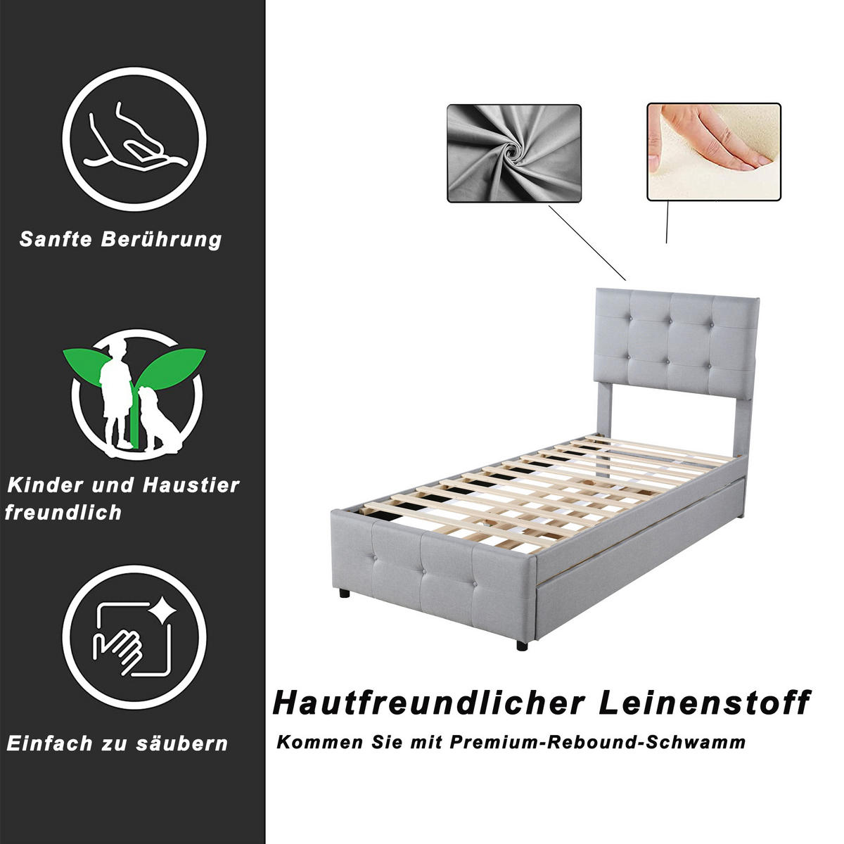 POLSTERBETT 90x200 Ausziehbar Kopfteil Leinen Grau - Grau, Holzwerkstoff - FLIEKS