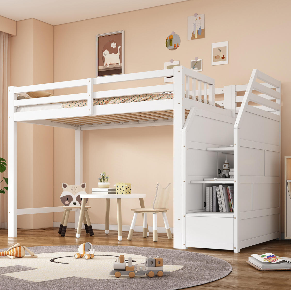 HOCHBETT 90/200 cm aus Kiefer und MDF mit Stauraumtreppe Weiß - Weiß, Holz (90/200cm) - Modenvie