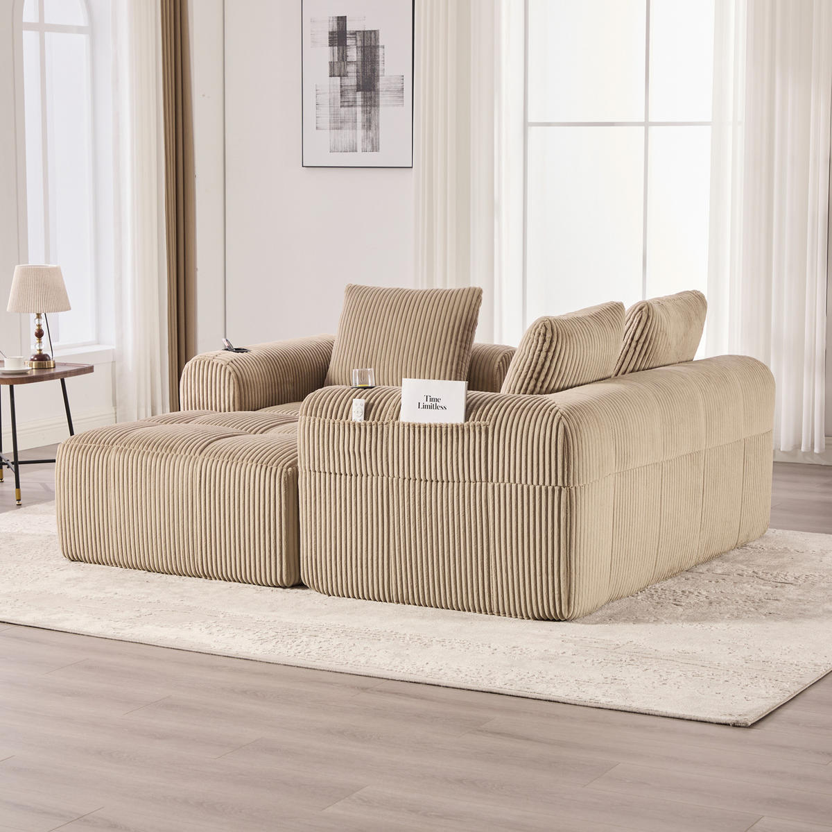 KOMPAKTSOFA Cord mit Seitentaschen und Becherhalter 253/158/61 cm Sandfarben - Sandfarben, Textil (158/253cm) - Redom