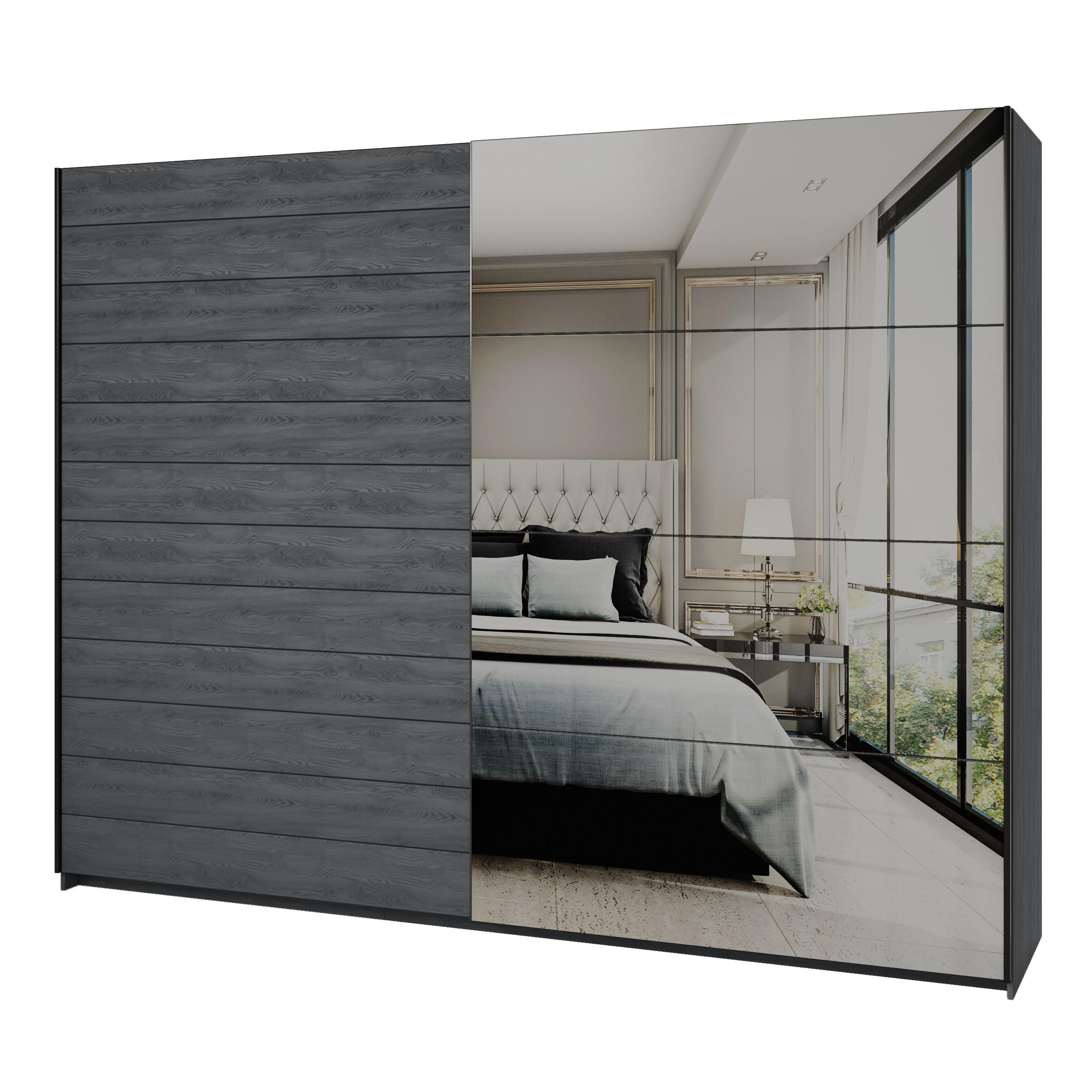 SCHWEBETÜRENSCHRANK COSMICO 270/210/61 cm 2-türig mit Spiegel Hellgrau - Hellgrau, Holzwerkstoff (270/210/61cm) - MASSENO