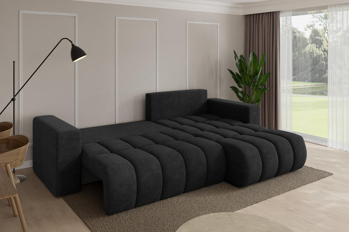 ROHOVÁ SEDAČKA s funkcí spaní, otoman vpravo MILA-L-v1 277x195x86 černá velur - černá, kompozitní dřevo/textil (277/194cm) - ALTDECOR