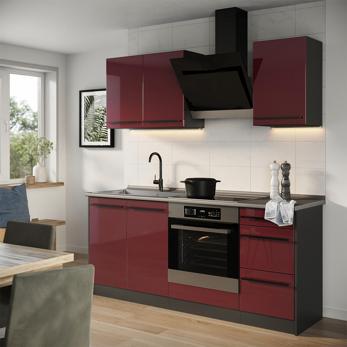 SINGLEKÜCHE R-Line, Rot Hochglanz/Anthrazit, 180 cm Arbeitsplatte Marmor - Anthrazit/Rot, Holzwerkstoff (180/206.8/60cm) - Vicco