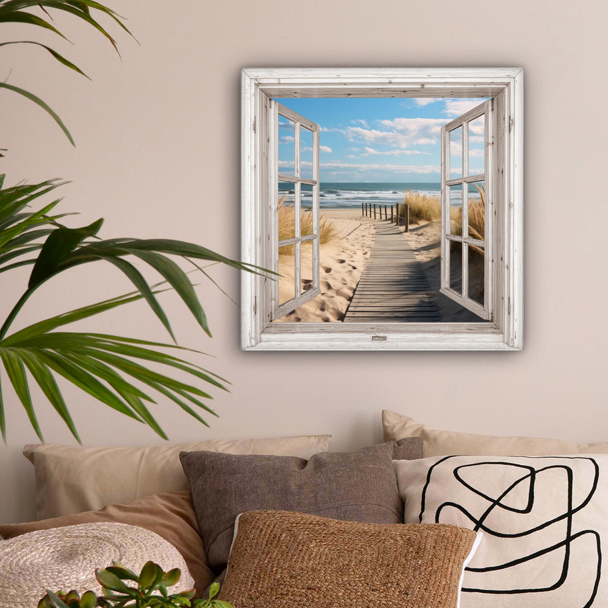 LEINWANDBILD Fenster - Meer - Küste - Natur - Ausblick - Strand - Wattenmeer 50x50 cm - Beige, Textil (50/50cm) - MuchoWow
