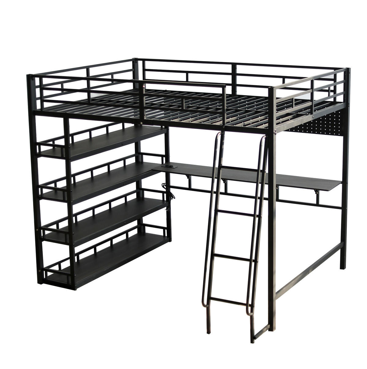 HOCHBETT 140/200 cm mit Ladeanschluss, Ablagen und Stauraum aus Metall und Holzwerkstoff, Schwarz - Schwarz, Metall (140/200cm) - Redom