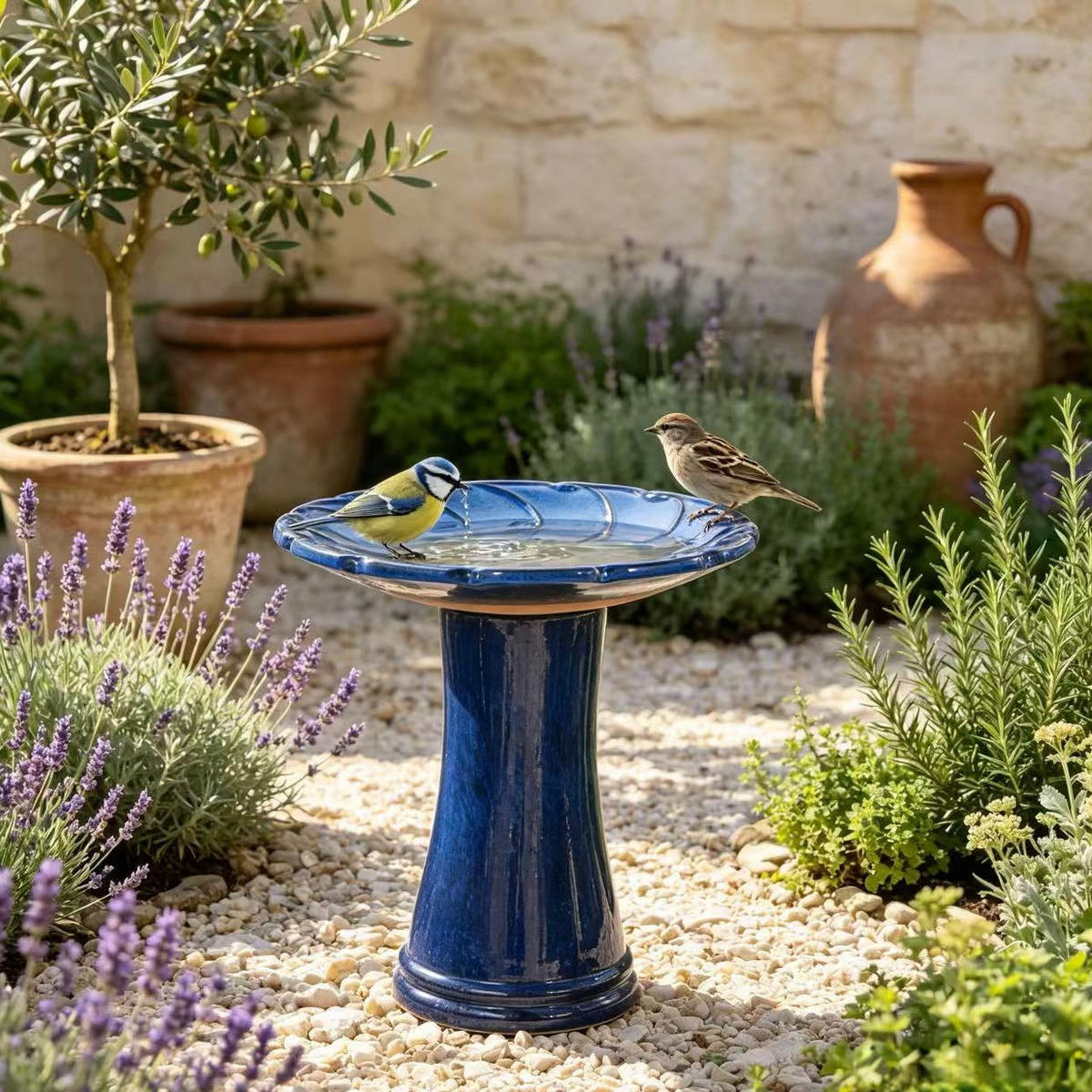 VOGELBAD mit Standfuß, Keramik Ø43/45H cm, Wetterfest, Blau - Blau, Keramik (43/45/43cm) - LVHOM