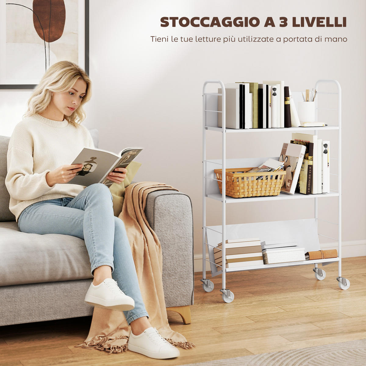BÜCHERWAGEN,3-STÖCKIG mit Rollen 69x26x108cm,weiß - Weiß, Metall (69/108/26cm) - Vallsero