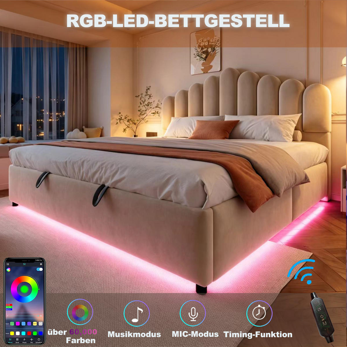 POLSTERBETT 180/200 cm in Beige mit Bettkasten, LED und Lattenrost aus Samt - Beige, Holzwerkstoff/Textil (180/200cm) - STILVORA