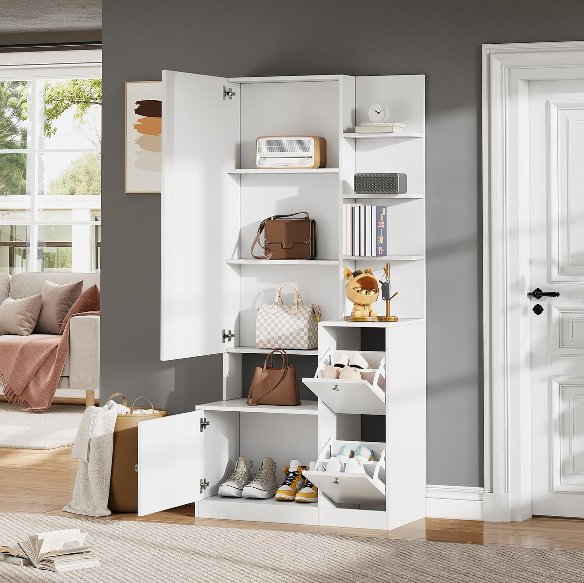 FLURSCHRANK 85/40/180 cm mit Spiegel, 2 Schuhschränken, 5 offenen Ablagen und Spanplatte, Weiß - Weiß, Holzwerkstoff (85/180/40cm) - Redom