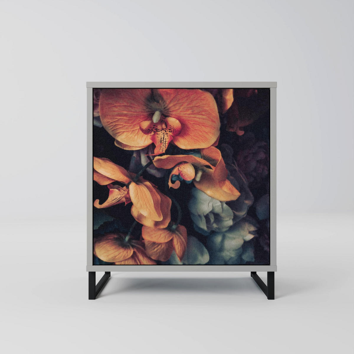 SIDEBOARD NEVERENDING BLOOM, Grau, 57,5x42x75,5 cm, Goldfarbene Metallfüße - Goldfarben/Multicolor, Holzwerkstoff/Metall (57.5/75.5/42cm) - SpaceRebels