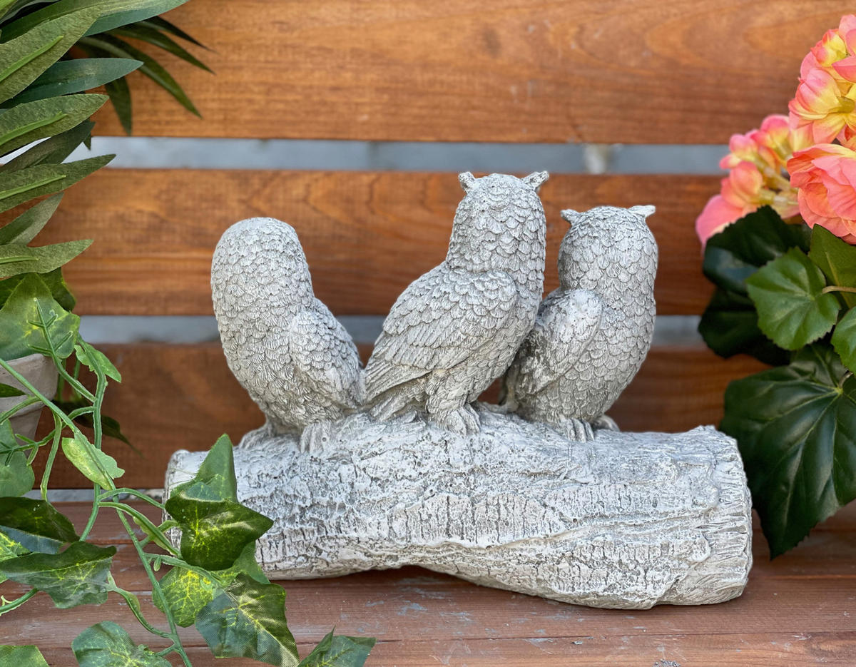 STEINFIGUR 3er Eulen auf Stamm frostfest Steinguss - Grau, Stein (22/16/8cm) - stoneandstyle