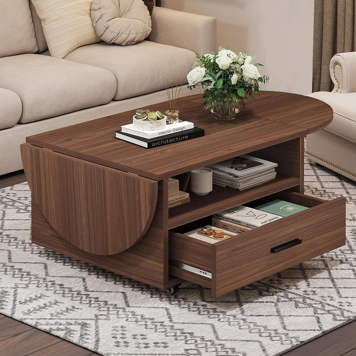 COUCHTISCH Wohnzimmertisch mit Stauraum 120 x 60 x 45 cm Klappplatte - Walnussfarben, Holzwerkstoff/Metall (120/120/45cm) - Quality Elegance