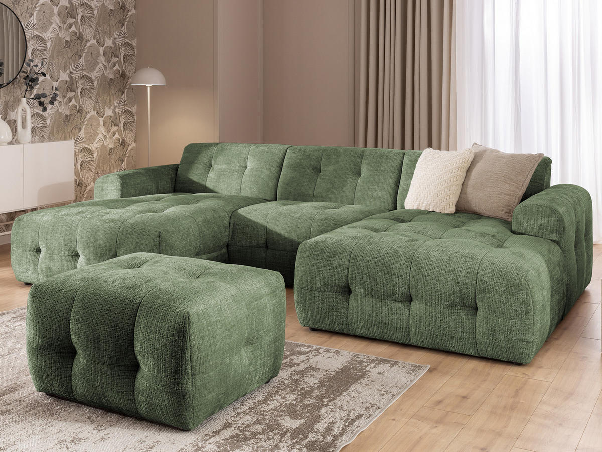 WOHNLANDSCHAFT inkl. Hocker Kozy im Bumpy-Design mit Schlaffunktion und fester Rückenlehne aus weichem Grün Chenille-Stoff - Schwarz/Grün, Holz/Kunststoff (323/79/161cm) - S-Style Möbel