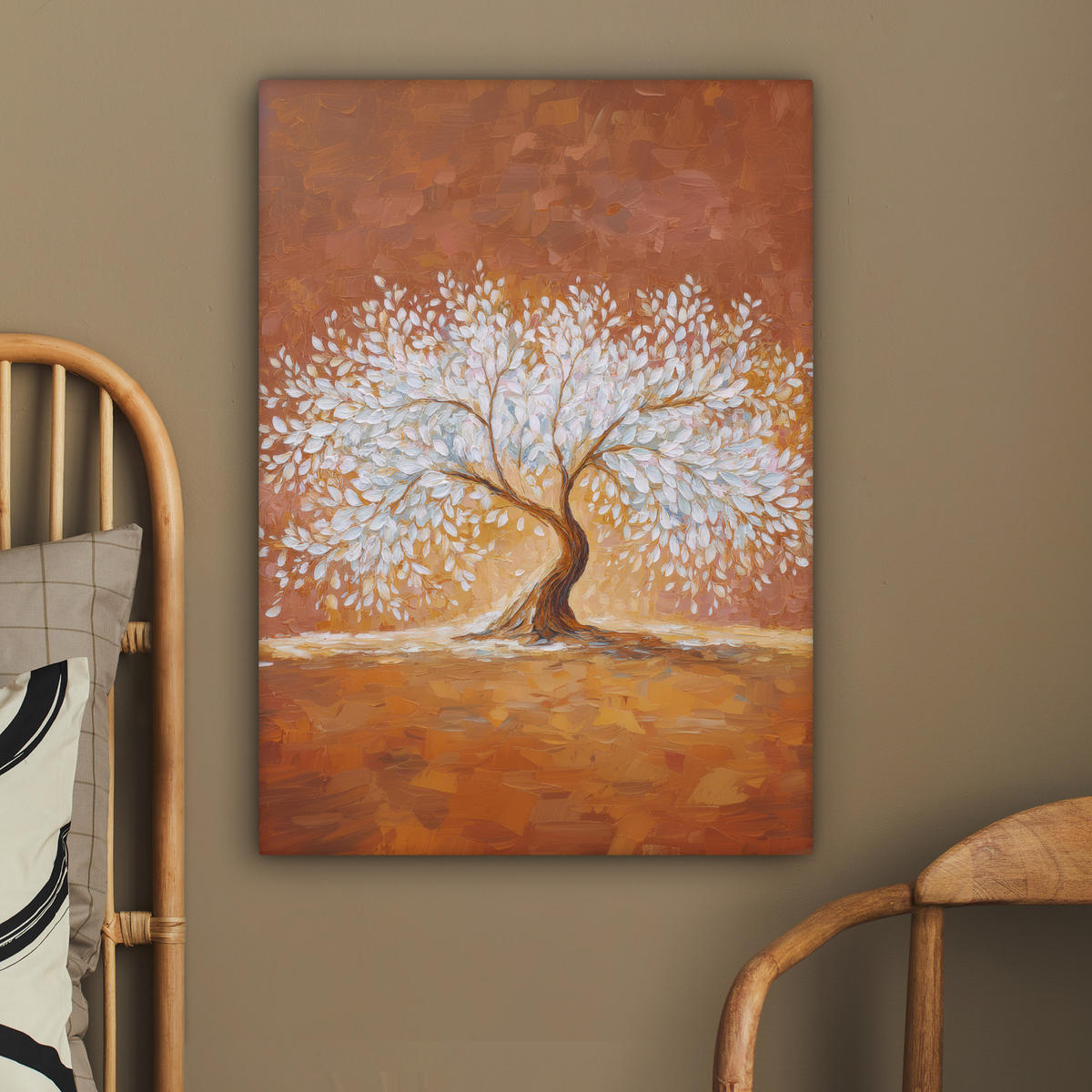 LEINWANDBILD Abstrakt - Baum - Weiß - Blätter Wandbild Wohnzimmer 60x80 cm - Braun, Textil (60/80cm) - MuchoWow