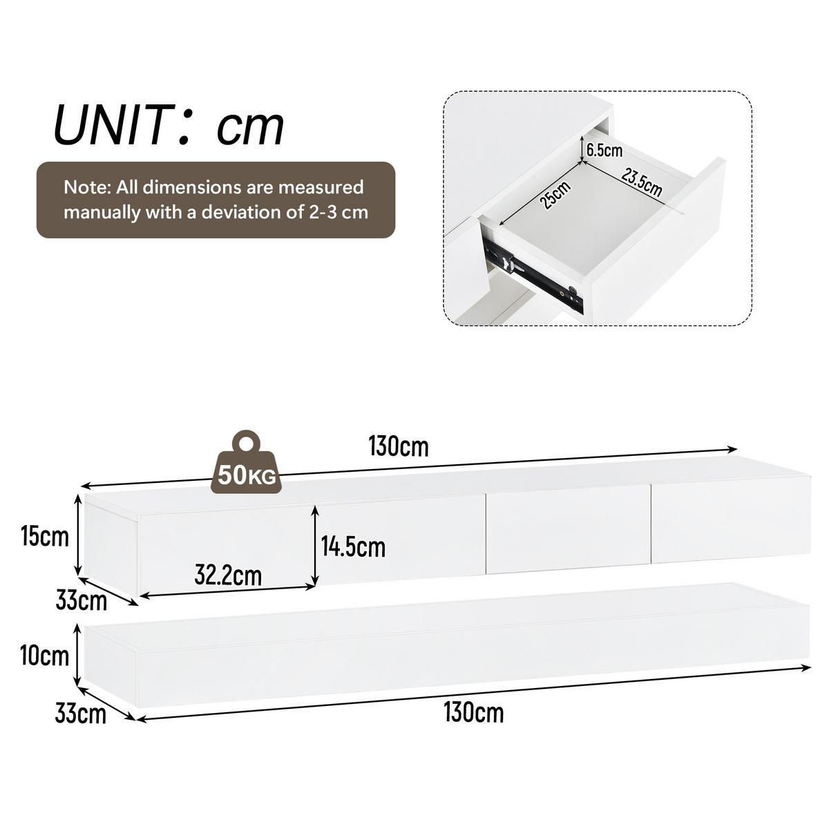 TV-ELEMENT Hängend 130 cm Weiß mit LED-Beleuchtung und 4 Schubladen - Weiß, Holzwerkstoff (33/15/130cm) - Korfee