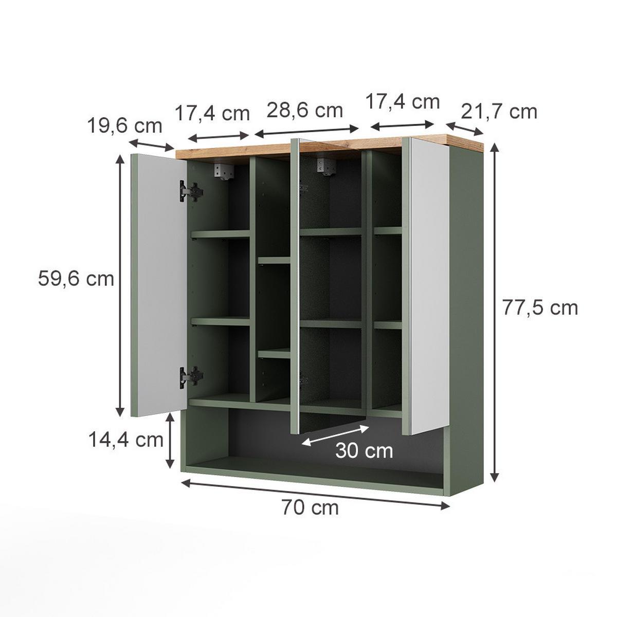 BADSPIEGELSCHRANK Eden Grün/Artisan 70 x 77.5 cm mit 3 Spiegeltüren - Hellgrau/Grün, Holzwerkstoff (70/77.5/21.7cm) - Vicco