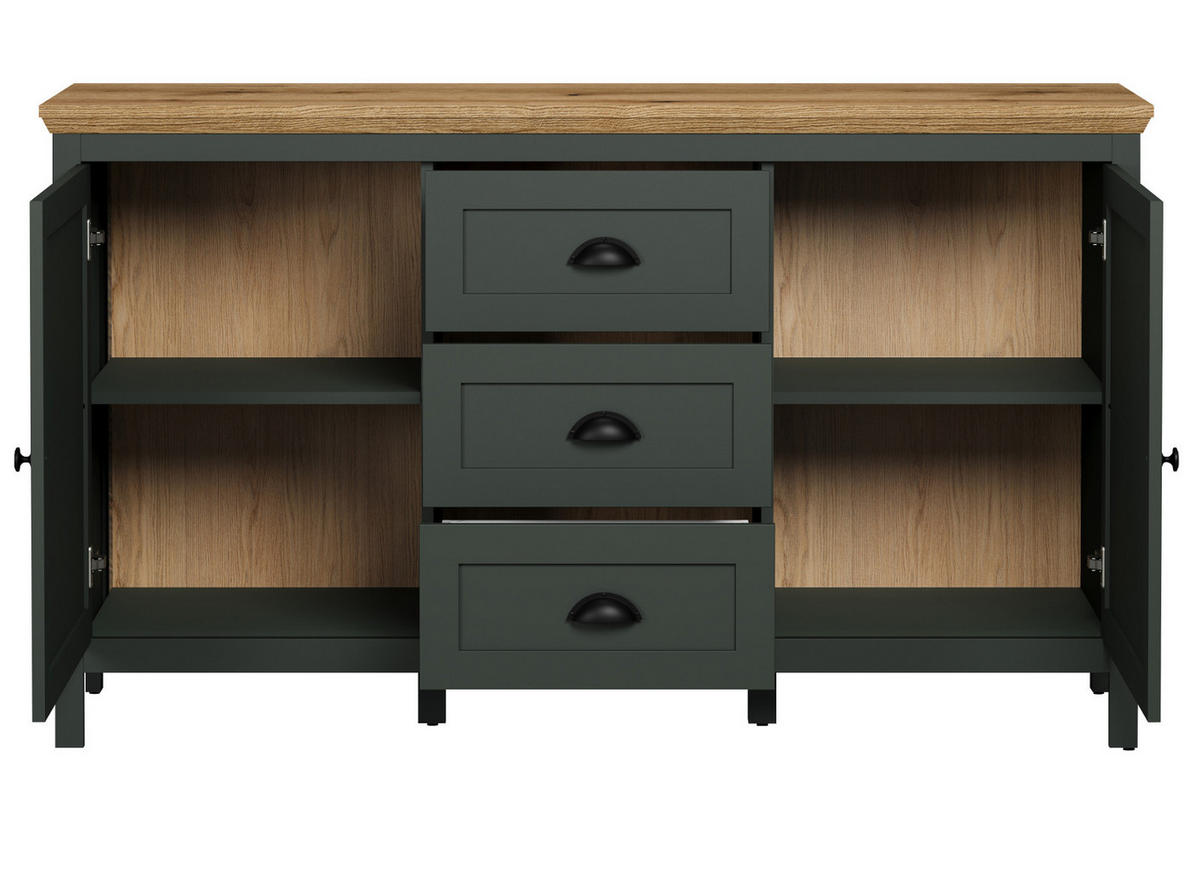SIDEBOARD grün, Evoke Eiche Landhaus 146 x 86 cm, Kommode für Wohn- und Esszimmer - Eichefarben/Schwarz, Holzwerkstoff/Kunststoff (146/86/45cm) - Top.Furn