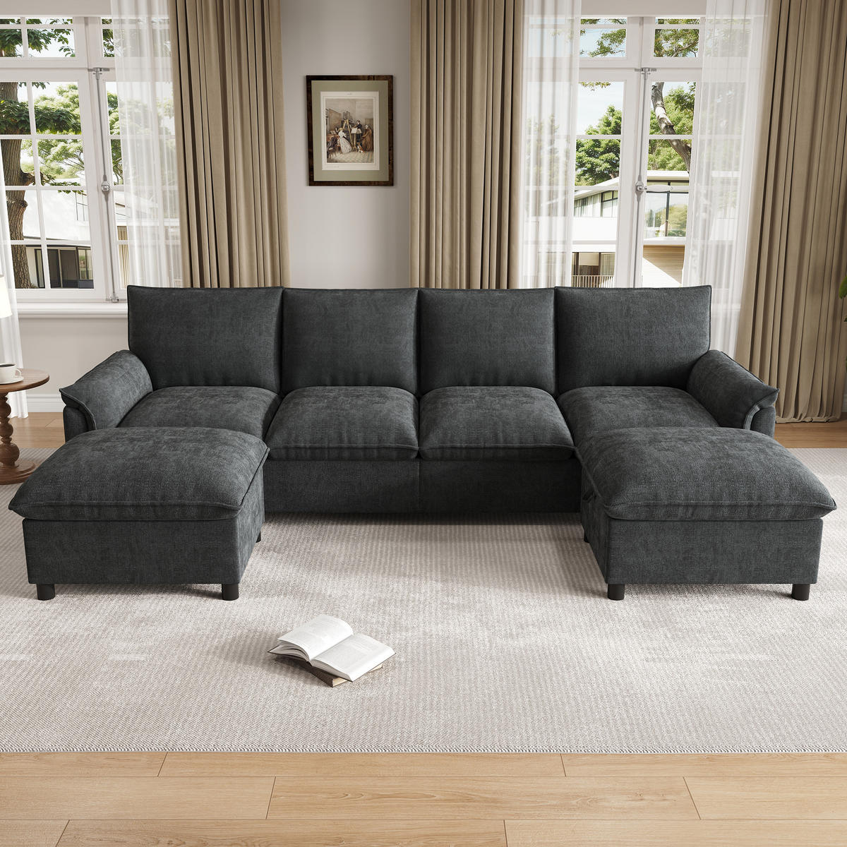 WOHNLANDSCHAFT U Form Modular Sofa Fußhocker Schwarz 265cm - Schwarz, Textil (264.5/84/142.5cm) - FLIEKS