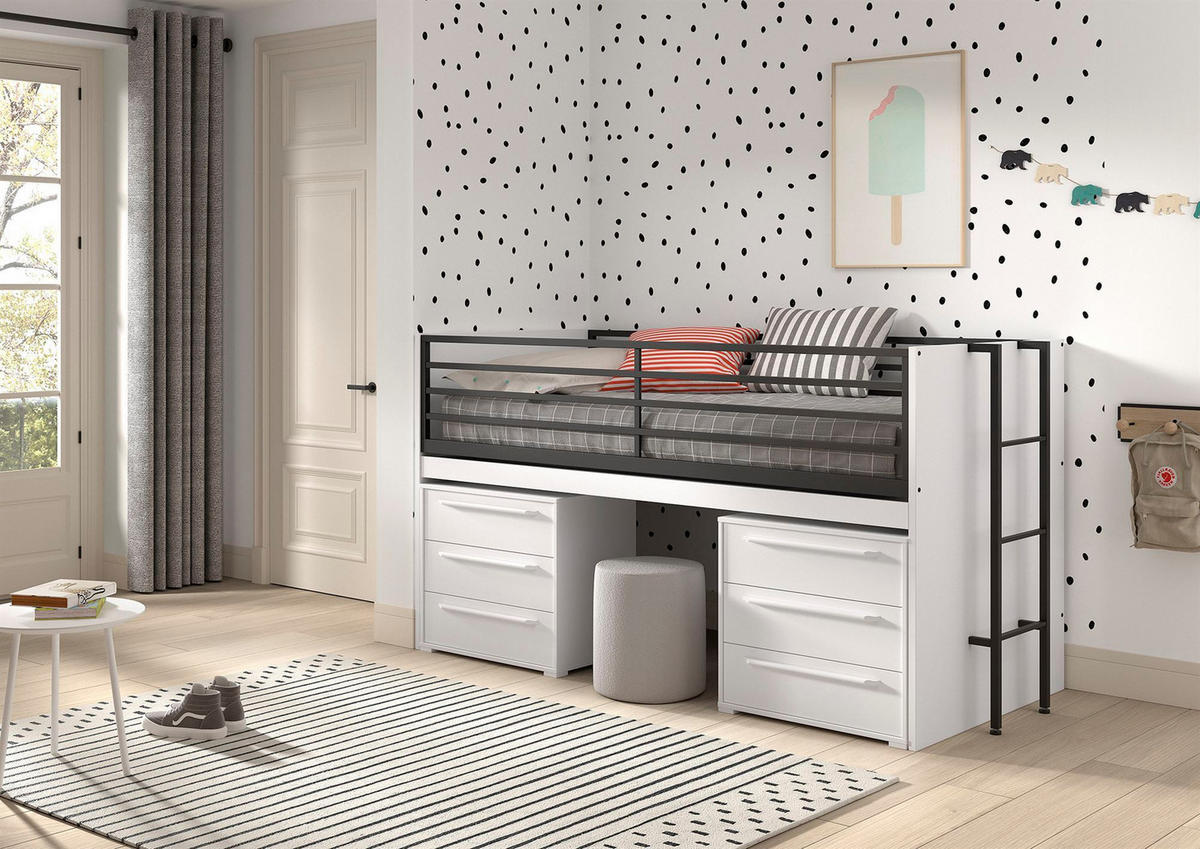 HALBHOCHBETT 90x200 Keelia Weiß mit Schreibtisch Stauraum - Weiß, Kunststoff (90/200cm) - 58aufmkessel