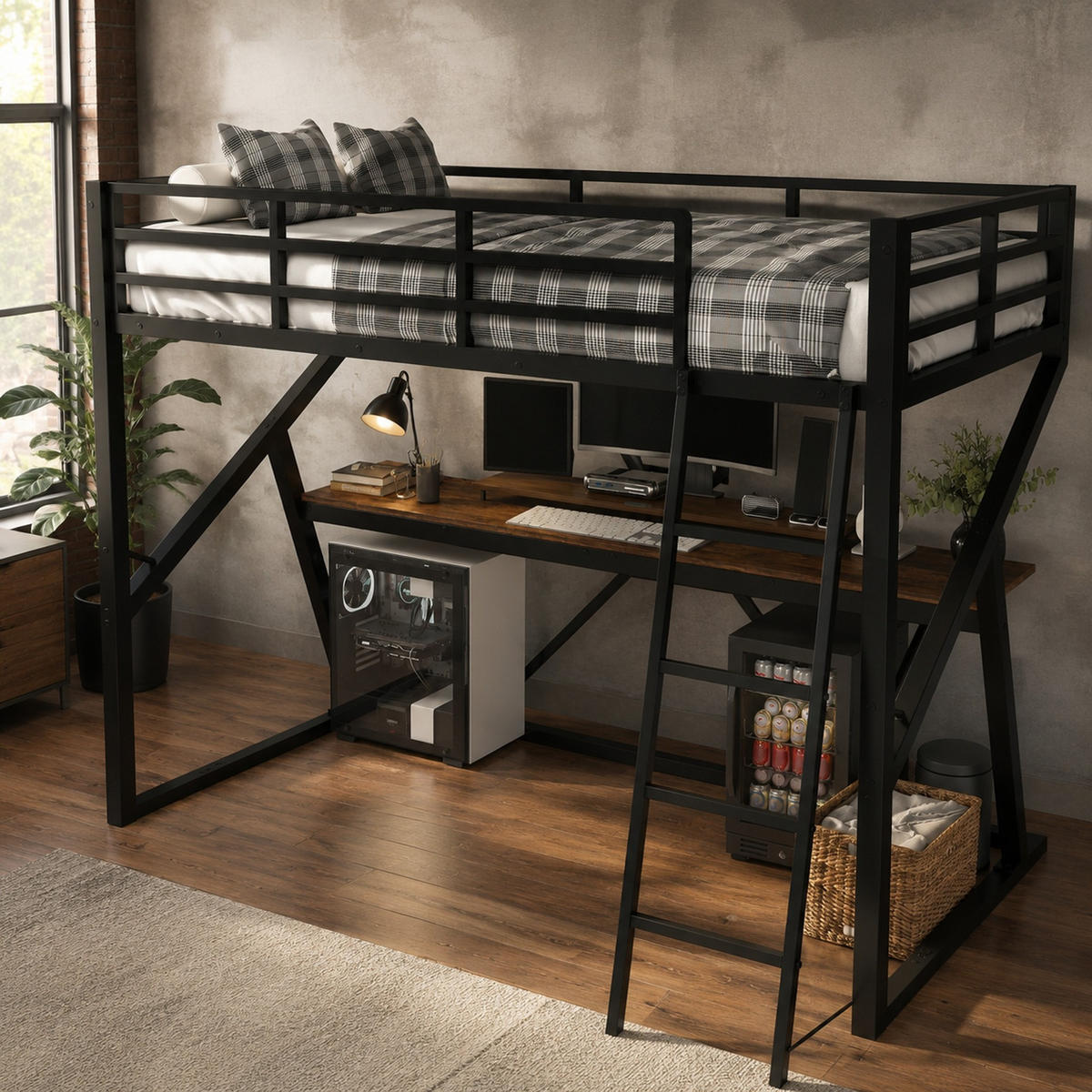 HOCHBETT 90/200 cm aus Metall mit Schreibtisch, LED, Schwarz - Schwarz, Metall (90/200cm) - OKMYHOME