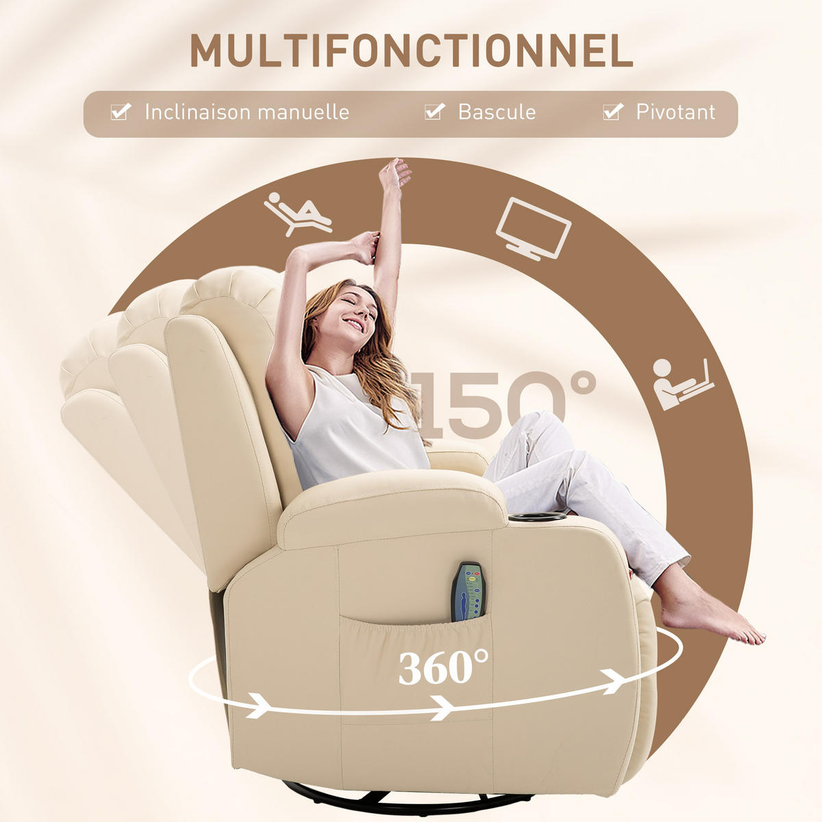 MASSAGESESSEL DE-15404 360° drehbar mit Massage und Heizung - Creme, Leder (94/104/85cm) - ComfortXL