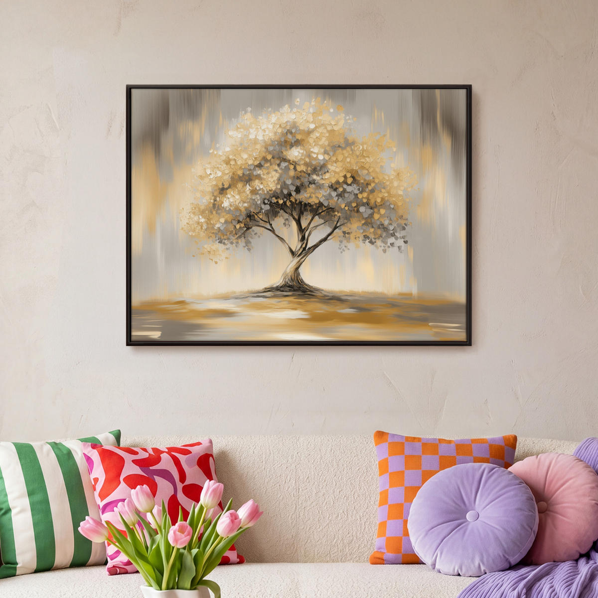 LEINWAND Bilder mit Rahmen - Gemälde - Baum - Abstrakt - Blätter - 70x50 - Beige, Textil (70/50cm) - MuchoWow