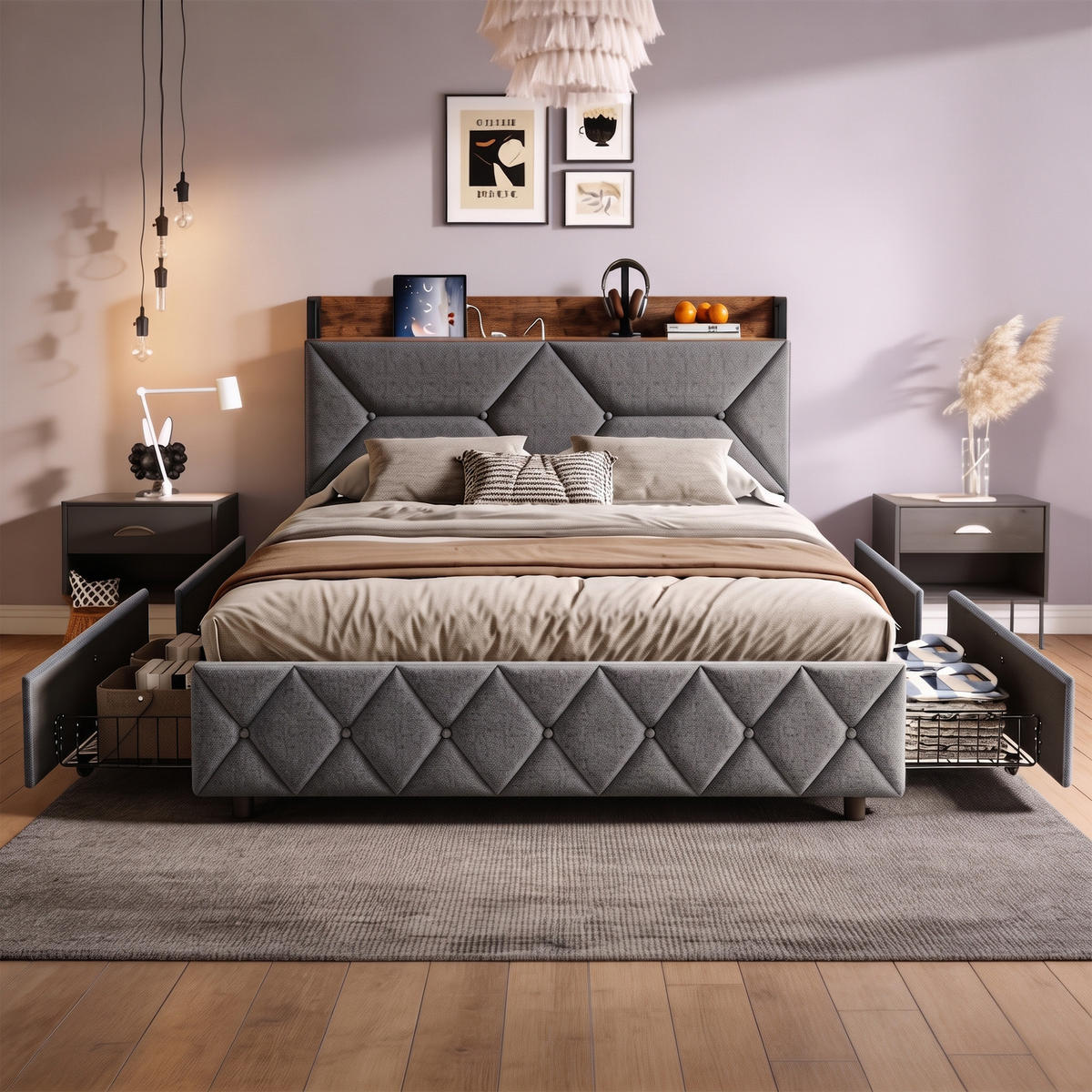 POLSTERBETT 160x200 mit Stauraum, 4 Schubladen und Steckdose, Lattenrost, Kopfteil mit verstecktem Stauraum, Grau - Grau, Holz/Textil (160/200cm) - GENKI LIVING
