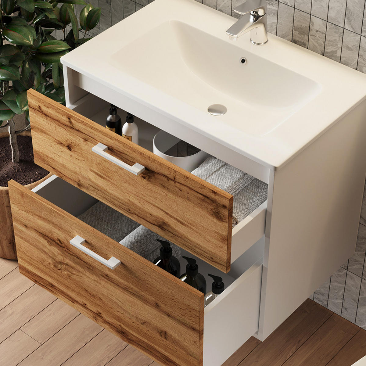 WASCHBECKENUNTERSCHRANK Lanco Weiß/Goldkraft Eiche 80 x 61.5 cm mit Waschbecken - Honigeiche/Weiß, Holzwerkstoff (80/61.5/45.5cm) - Vicco