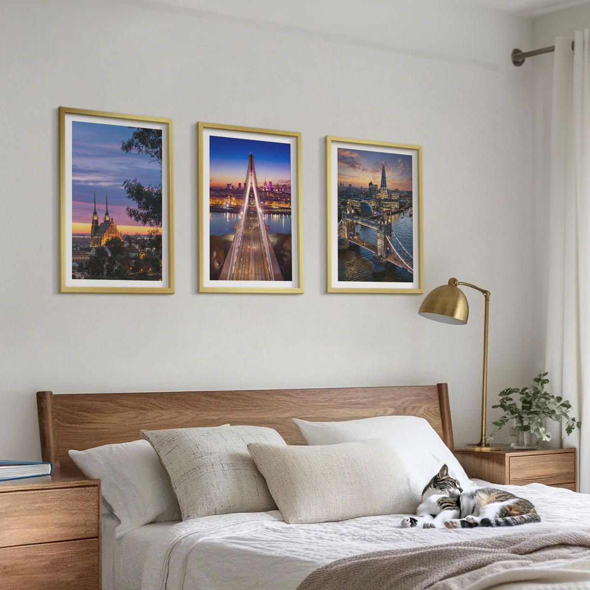 BILDER SET 3er Set - 40x60 cm Goldrahmen - Ausblicke auf Brücken und Sonnenuntergänge - Goldfarben, Kunststoff (40/60cm) - TULUP