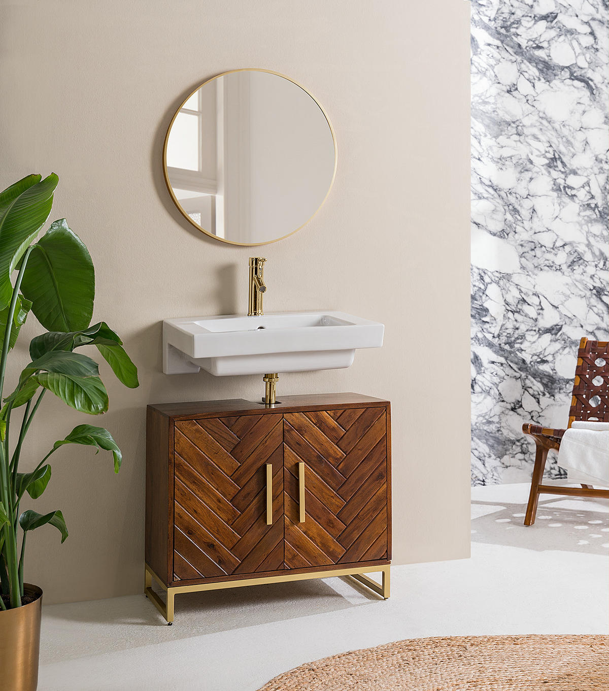 WASCHBECKENUNTERSCHRANK - Akazie massiv / Eisen - Akaziefarben, Holz/Metall (70/60/35cm) - home24