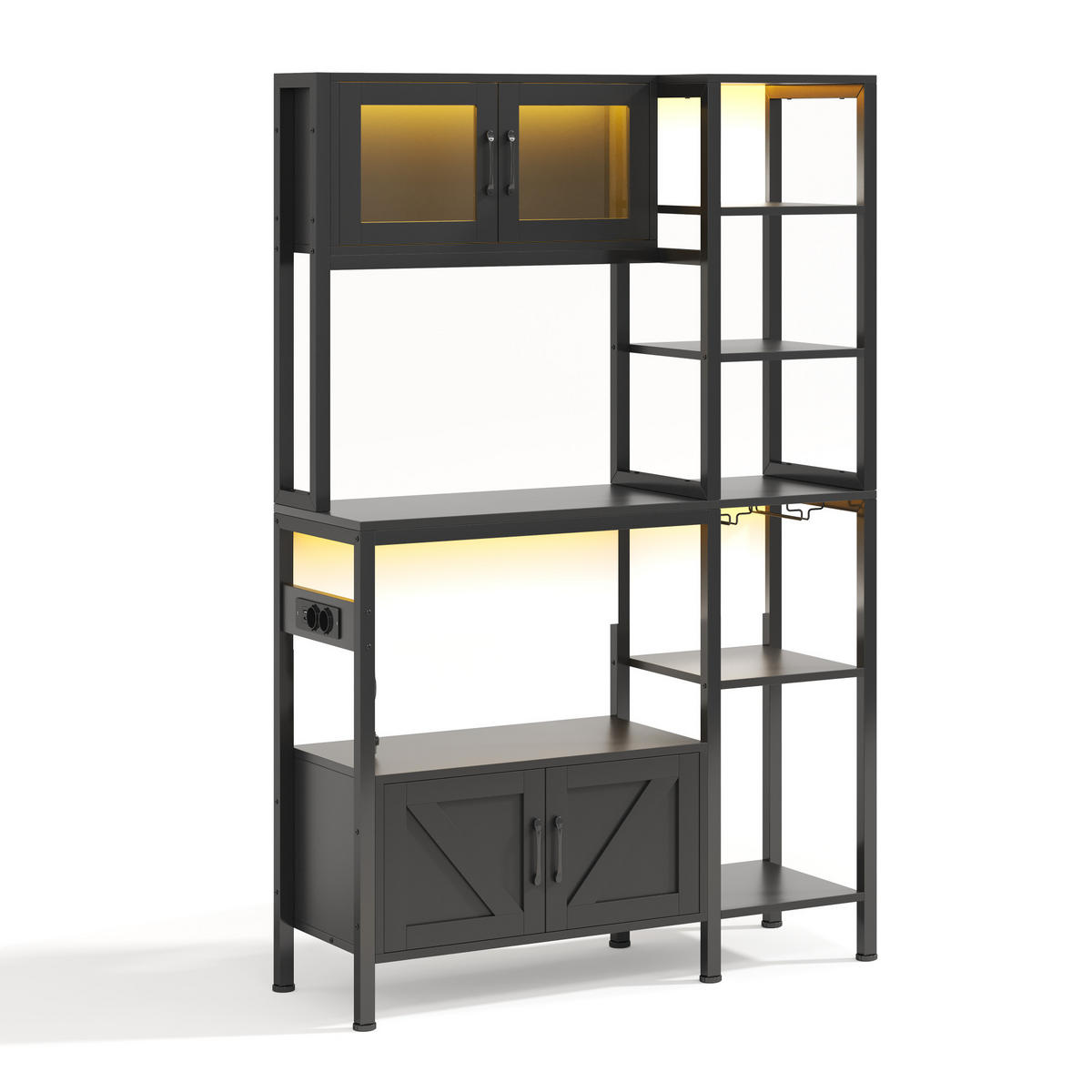 KÜCHENREGAL 115/40/180 cm mit LED-Beleuchtung, Steckdosenmodul und Stauraum, MDF und Stahl, Schwarz - Schwarz, Holzwerkstoff (115/180/40cm) - Redom