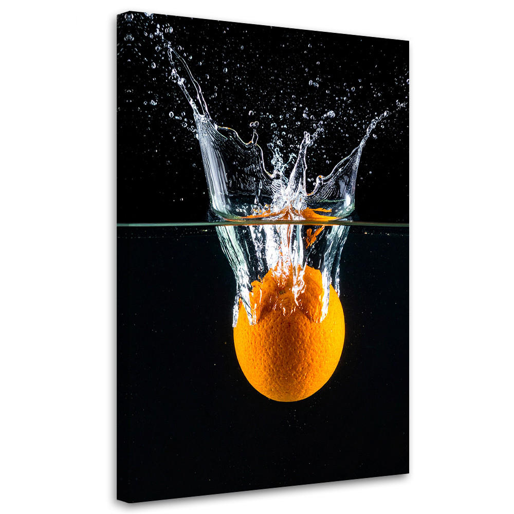 LEINWANDBILDER, Eine Orange fällt vor schwarzem Hintergrund ins Wasser - Orange, Textil (30/45cm) - Feeby