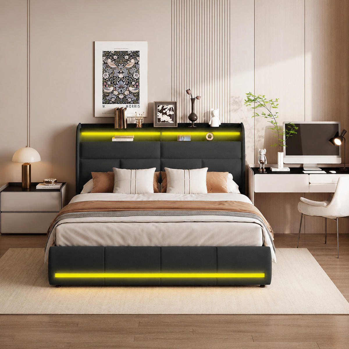 POLSTERBETT 140/200 cm mit Ablagekopfteil, RGB-LED-Beleuchtung am Kopfteil und am Fußende, Lederlook-Bezug - Schwarz, Holz/Metall (140/200cm) - Joyfair