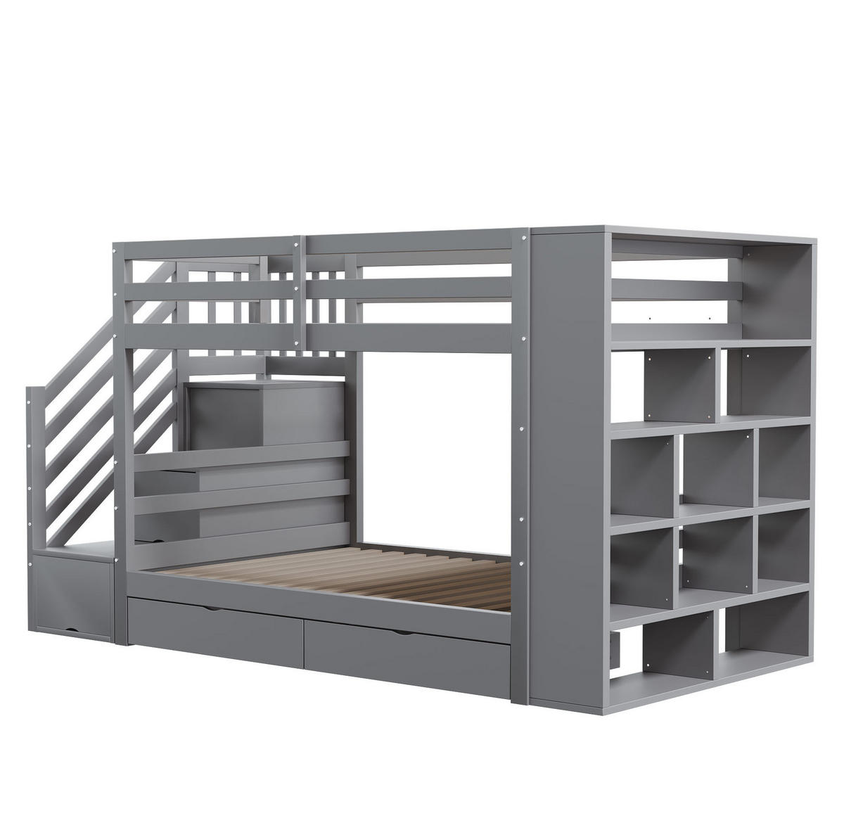 ETAGENBETT 90/200 cm mit Sicherheitstreppe, Stauraum und Lattenrost, Grau - Grau, Holzwerkstoff (90/200cm) - Redom