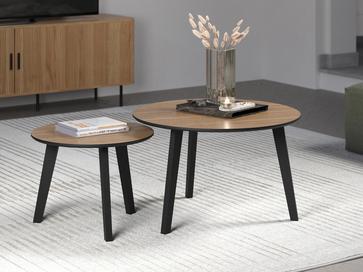COUCHTISCH 2er Set Eiche, schwarz 2x Beistelltisch rund - Eichefarben/Schwarz, Holzwerkstoff (50/50/39cm) - Top.Furn