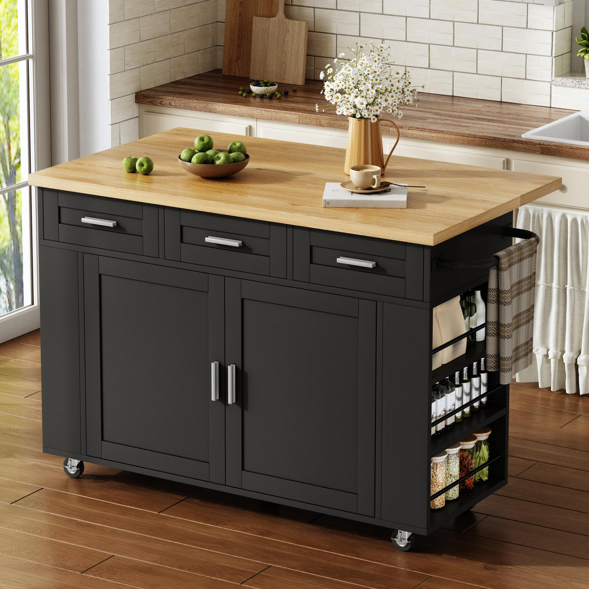 KÜCHENINSEL 84 cm MDF Natur Schwarz mit Klappbarer Arbeitsplatte und USB-Steckdose - Schwarz, Holzwerkstoff (70/84/120cm) - Korfee