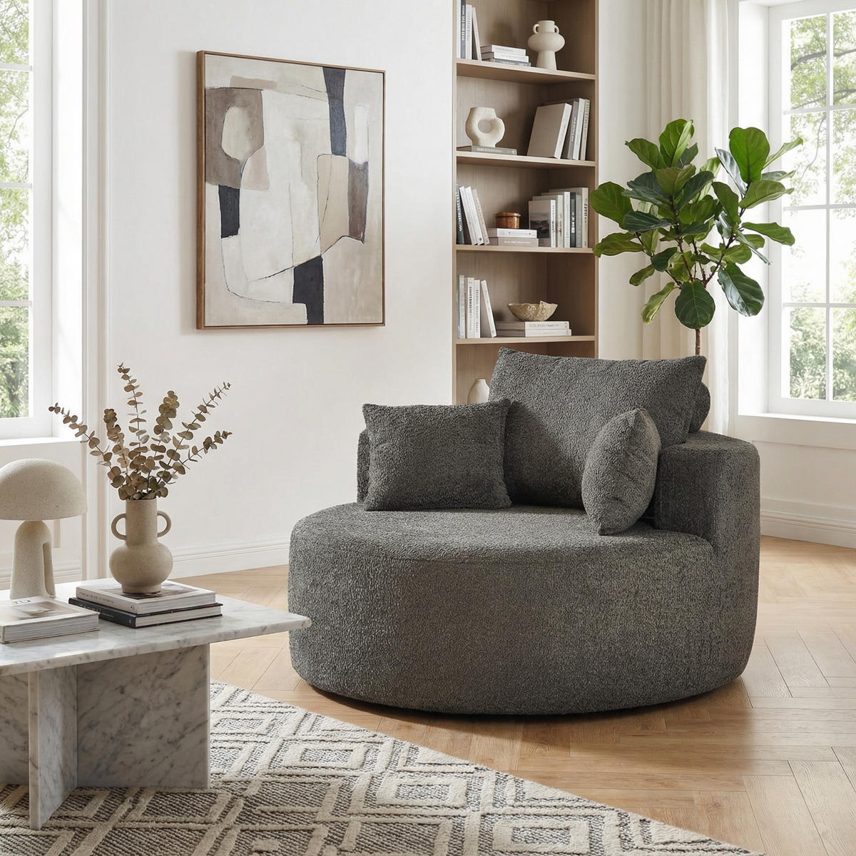 SESSEL XXL 127x127 cm Grau aus Chenille, Keine Montage - Grau, Textil (127/85/127cm) - Urban Meuble