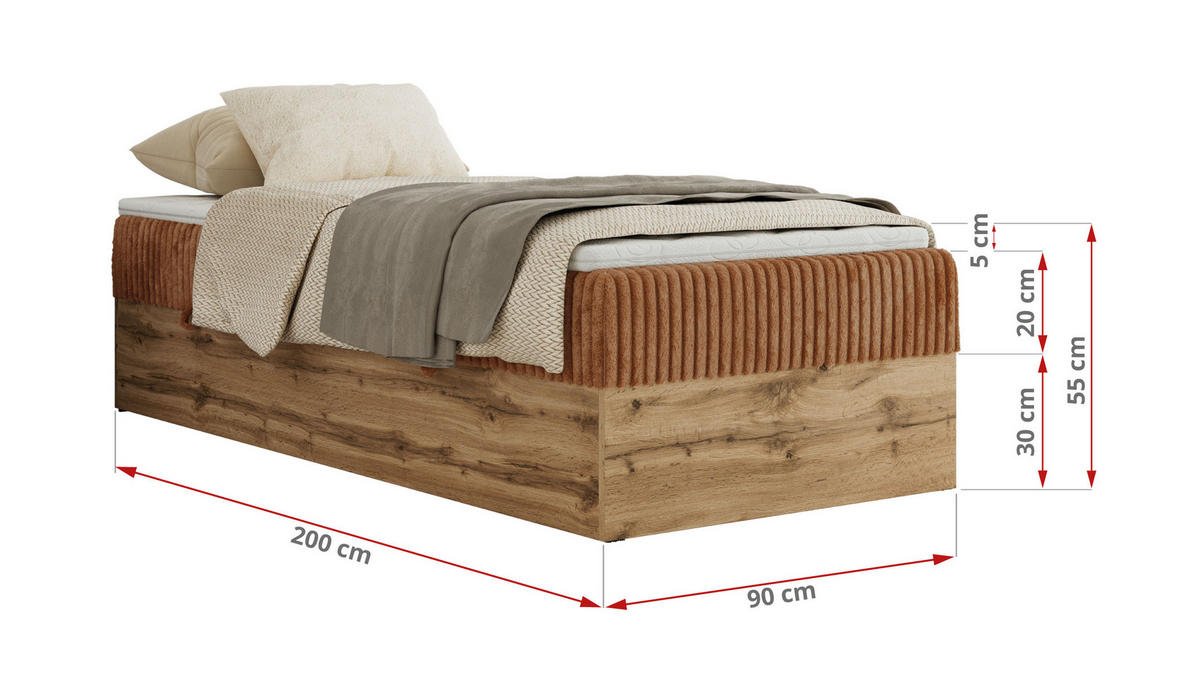 BOXBETT WOOD ZERO 90/200 - Orange Cord - H3 - Topper T25 - Orange, Textil (90/200cm) - MKS