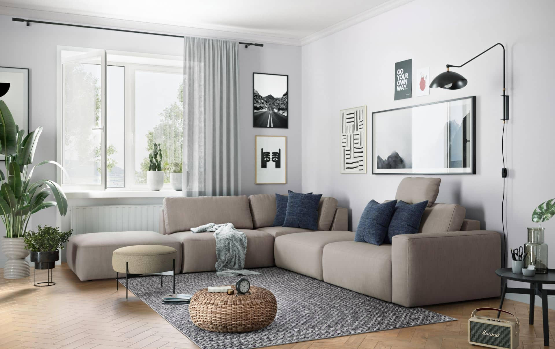 Thumbnail - Cotta Ecksofa, Beige, Kunststoff, Echtholz,Fichte, Uni, 5-Sitzer, Füllung: Taschenfederkern, Ottomane links,L-Form, 373x...