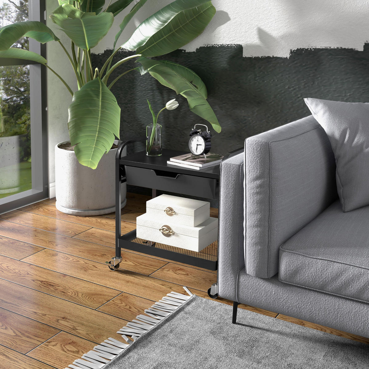 SERVIERWAGEN, Rollwagen, Stahl, Schwarz - Schwarz, Kunststoff (32.6/58.5/61cm) - HOMCOM