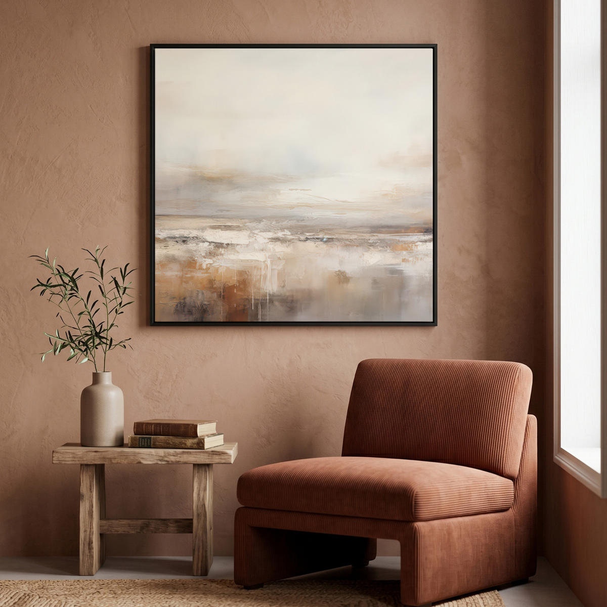 LEINWAND Bilder mit Rahmen - Kunst - Industriell - Grau - Braun - Abstrakt - 90x90 - Sandfarben, Textil (90/90cm) - MuchoWow