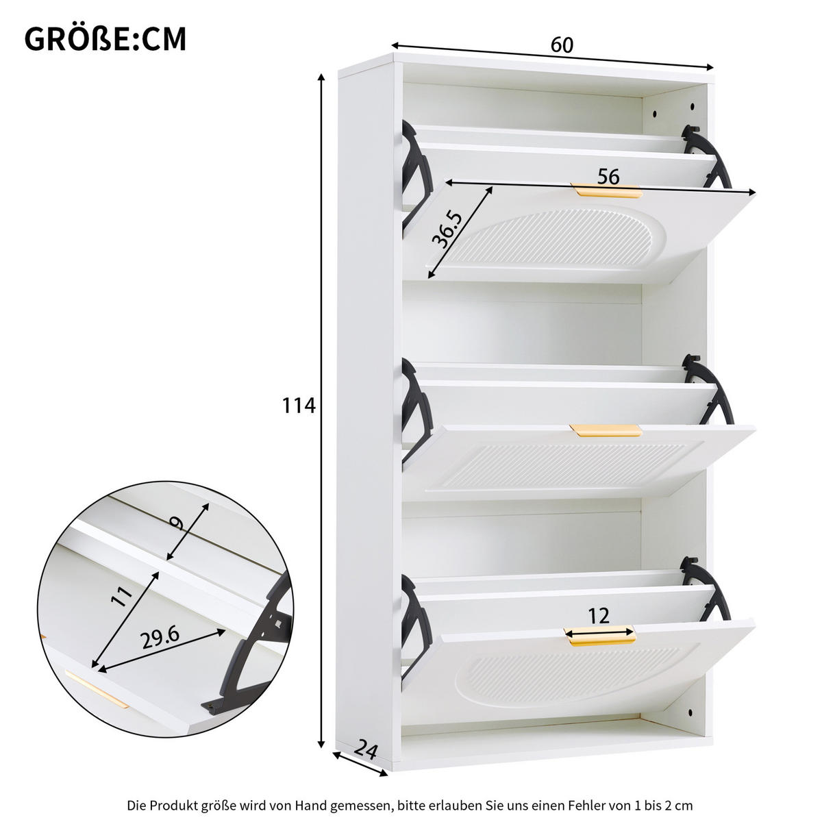 SCHUHSCHRANK 60/24/114 cm in Weiß mit 3 Klappen und verstellbaren Böden - Weiß, Holzwerkstoff (60/114/24cm) - Flora Grace