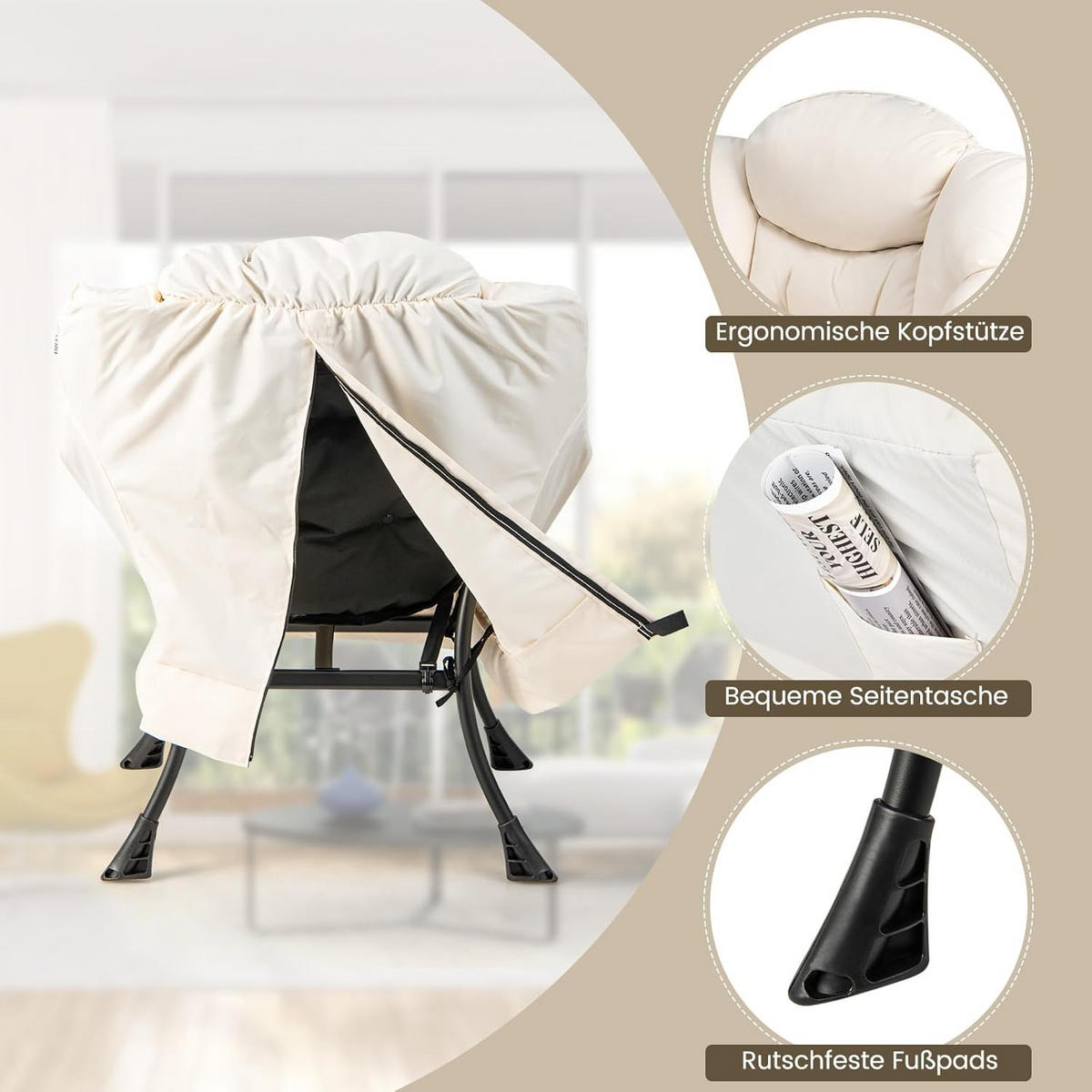 RELAXAČNÉ KRESLO 95 cm, béžové - béžová, textil (81/95/75cm) - COSTWAY