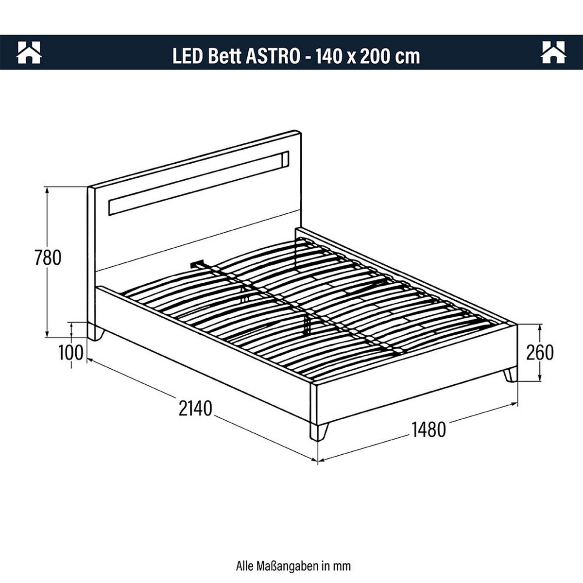LED BETT ASTRO - Weiß, 140 x 200 cm - Weiß, Kunststoff - Home Deluxe