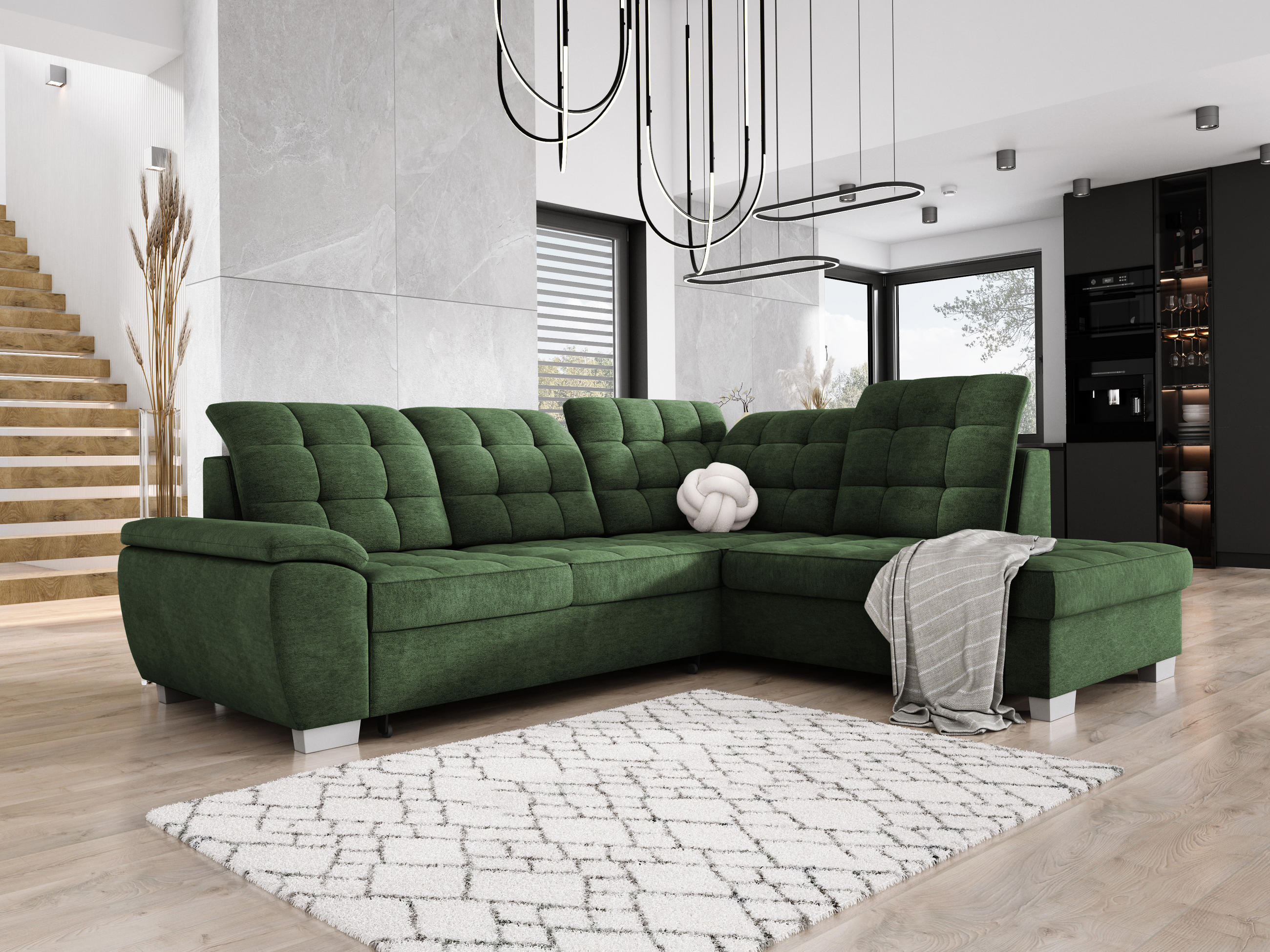 ECKSOFA LOTTA L-förmig Bettkasten verstellbare Kopfstützen hochwertige Verarbeitung lose Rückenkissen freistehend RECHTS 258x212x106 cm Green - Grün, Holz/Textil (258/212cm) - DomoHome