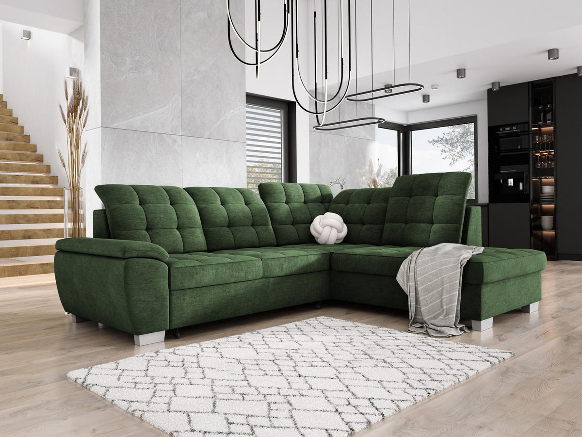 ECKSOFA LOTTA L-förmig Bettkasten verstellbare Kopfstützen hochwertige Verarbeitung lose Rückenkissen freistehend RECHTS 258x212x106 cm Green - Grün, Holz/Textil (258/212cm) - DomoHome